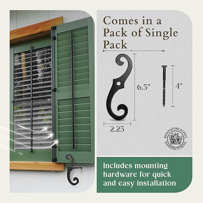 Renovators Supply Black Shutter Dog Holders 6.5 Inches Long Antique Decorative S Style Solid Aluminium Black Rust Resistant Powder Coated External Shutter Tieback Hardware Including Mounting Screws