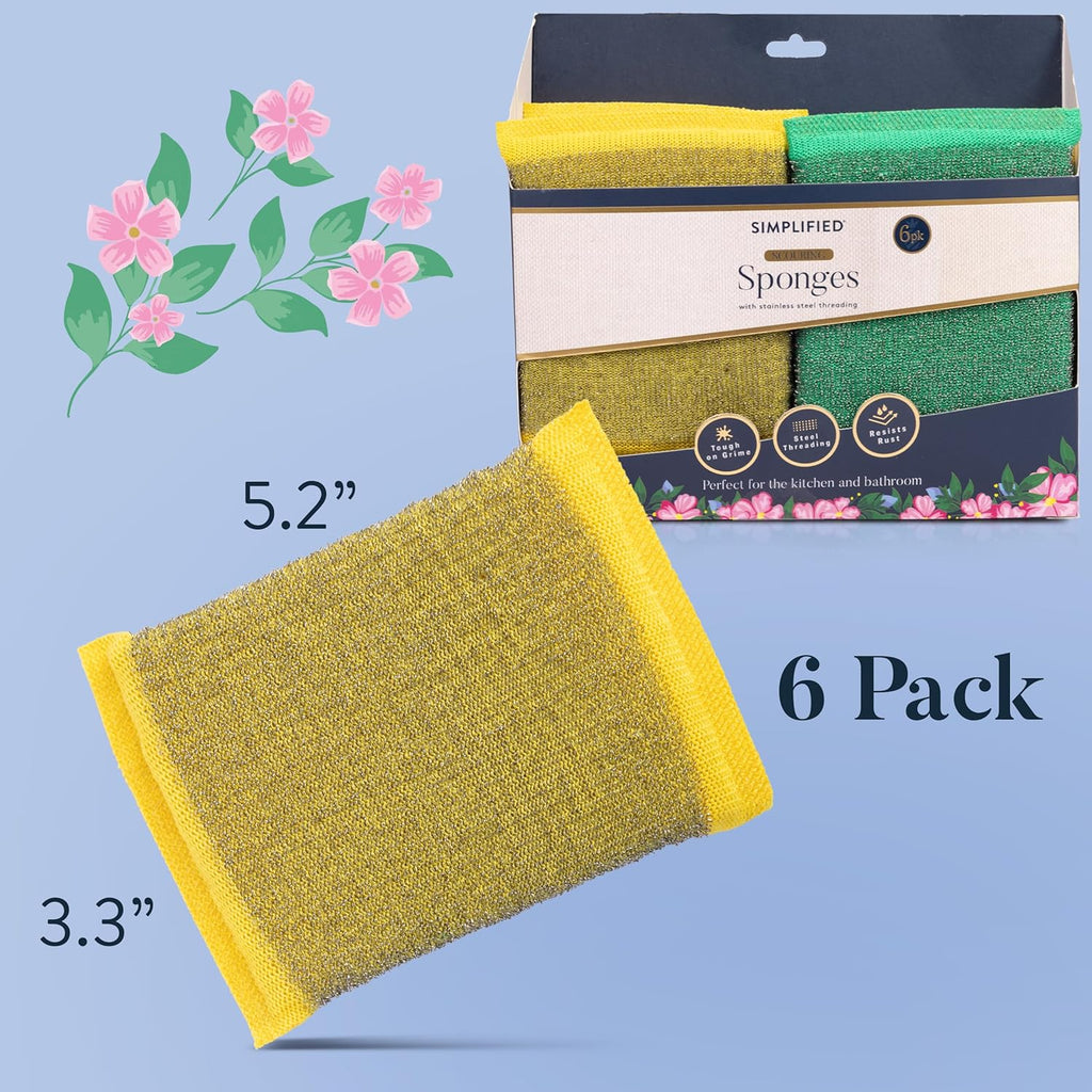 Simplified 6-Pack Steel Scouring Sponges with Rust Resistant Stainless Steel Threading for Home and Kitchen Cleaning Supplies, Heavy Duty Cleaning Sponge for Kitchen & Bathroom, Navy/Yellow