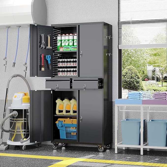 Metal Garage Storage Cabinet with 2 Drawers and 2 Adjustable Shelves, Rolling Tool Storage Cabinet with Wheels and Locking Doors for Garage, Warehouse, Black and Dark Gray