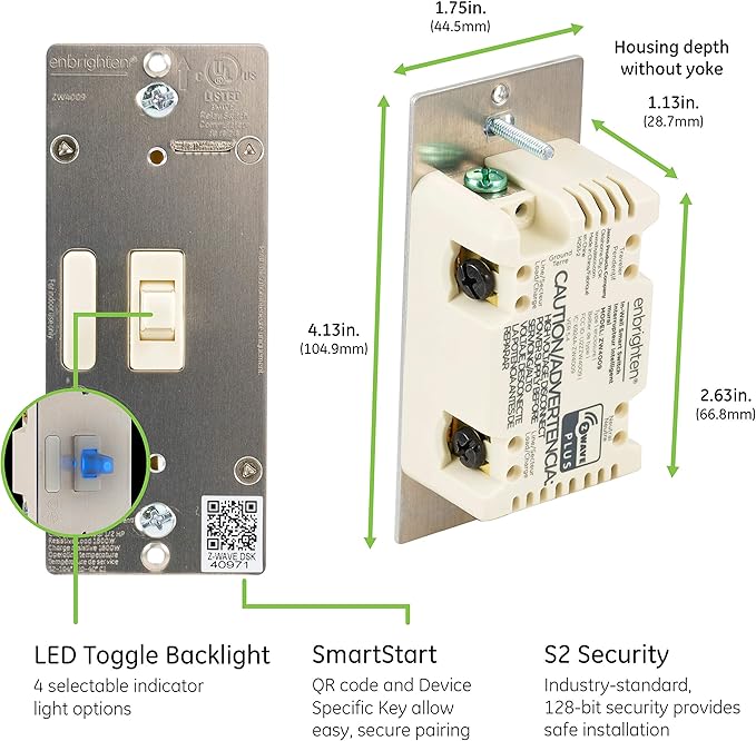 Enbrighten Almond Z-Wave Plus Smart Light Switch with QuickFit and SimpleWire, 3-Way Ready, Compatible with Alexa, Google Assistant, ZWave Hub Required, Repeater/Range Extender, Toggle, 2 Pack, 81174