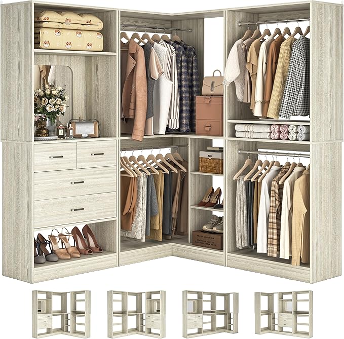 Unikito 86 Inch Closet System, 3 Sets Corner Closets Organizer with Hanging Rods and Mirror Design, Freestanding Adjustable Wood Clothes Garment Rack with Drawers, Sturdy Walk in Closet Kit, White Oak