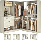Unikito 86 Inch Closet System, 3 Sets Corner Closets Organizer with Hanging Rods and Mirror Design, Freestanding Adjustable Wood Clothes Garment Rack with Drawers, Sturdy Walk in Closet Kit, White Oak