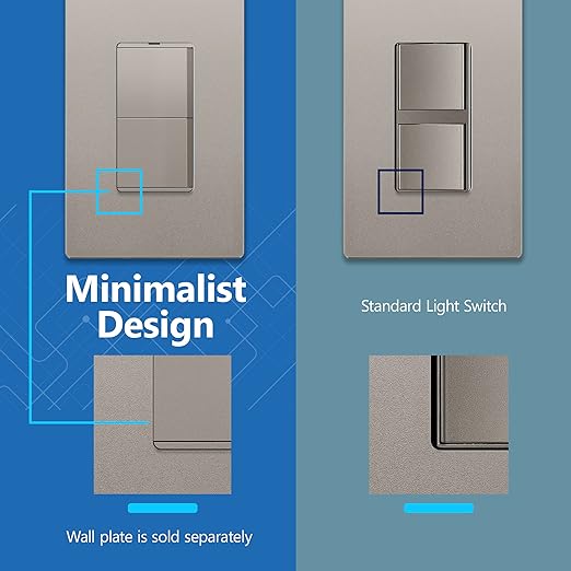 LIDER Minimalist Design Matte Finish Lighted Double Switch, Combination Frameless Decorator Switch with Locator Light, Ground Terminal, Single Pole, 15A 120-277V, UL Listed, LCS2-1P-NK, Nickel