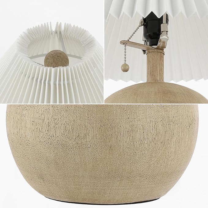 JONATHAN Y JYL1145B Aksel 17.25" Coastal Scandinavian Resin/Iron Sphere LED Table Lamp with Pleated Shade and Pull Chain, Beige Wood Finish/White, for Entry Console, Bedroom, Living Room