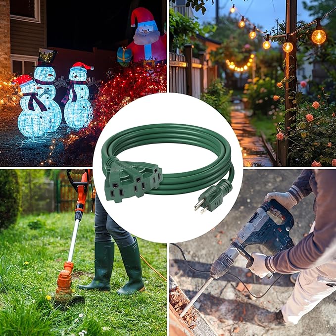 BN-LINK 2-Pack 10Ft Outdoor Extension Cord with 3 Outlets 16/3 SJTW Power Cord, 3-Prong Grounded Plug, for Landscaping & Holiday Decorations, ETL Listed