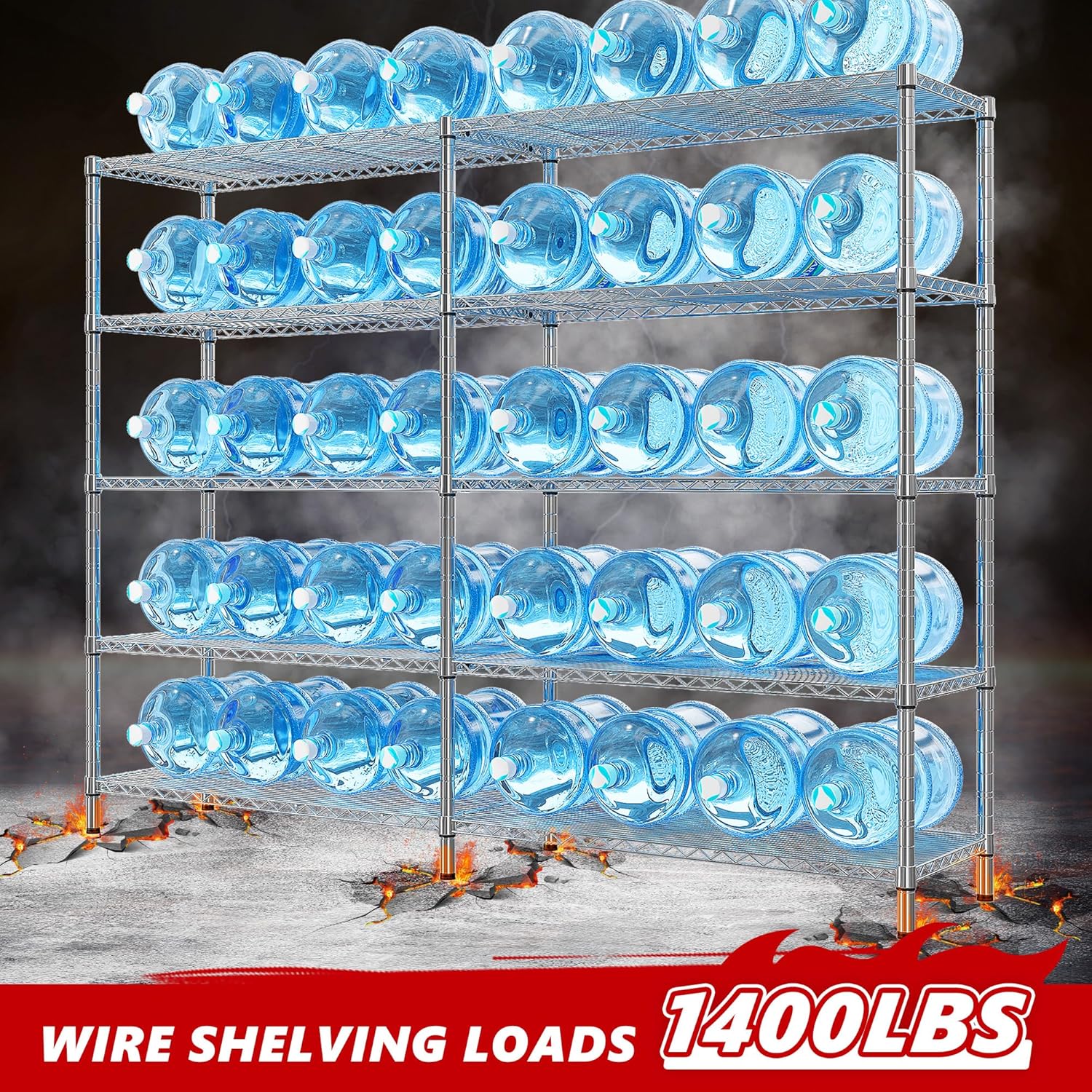 REIBII 58" W 5 Tier Heavy Duty Wire Shelving Unit with Adjustable Shelves - 1400LB Metal, Chrome - 58" W x 59" H x 13.8" D - Garage, Pantry, Kitchen