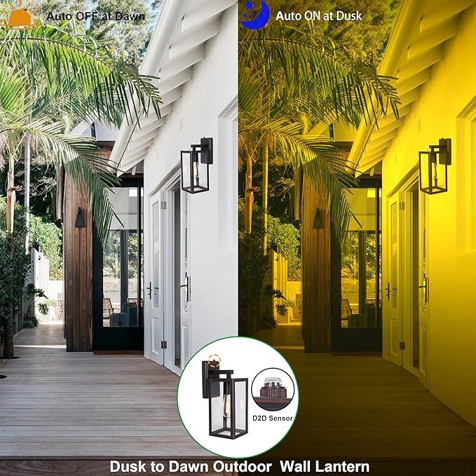 LIT-PaTH Dusk to Dawn Outdoor Wall Lantern, Wall Sconce as Porch Lighting Fixture, E26 Medium Base Max 60W, Anti-Rust Metal with Glass Shade, Oil Rubbed Bronze Finish, 1-Pack