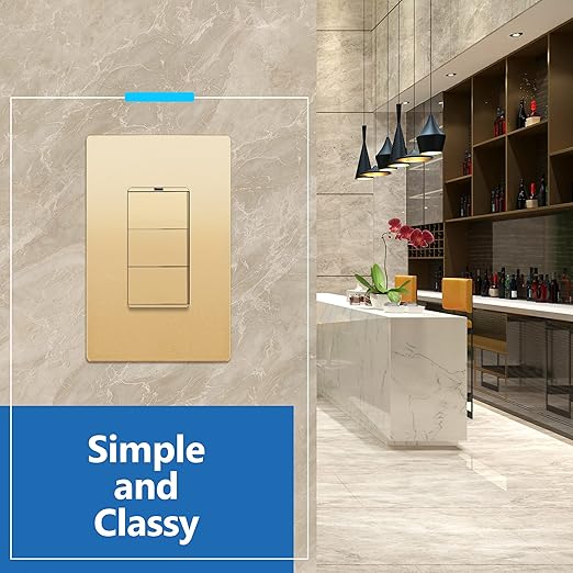 LIDER Minimalist Design Matte Finish Lighted Triple Switch, Combination Frameless Decorator Switch with Locator Light, Ground Terminal, Single Pole, 15A 120-277V, UL Listed, LCS3-1P-GD, Gold