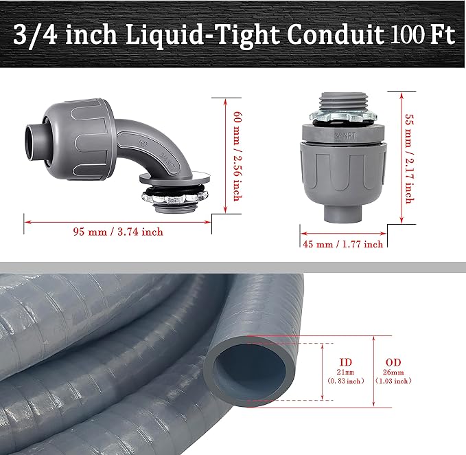 3/4 inch 100Ft Liquid-Tight Conduit Kit, Flexible Non Metallic Electrical Conduit, with 6 Straight and 5 Angle Fittings Included. 3/4" Dia