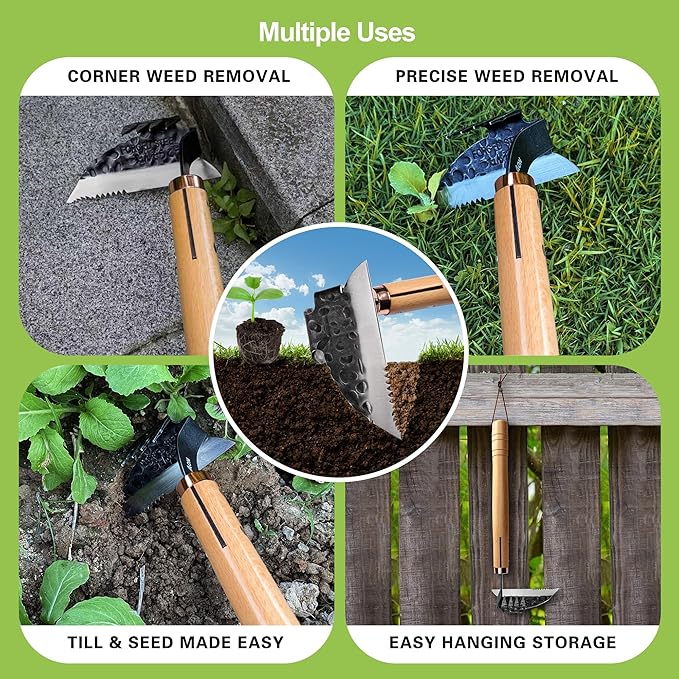 AON All-Purpose Japanese Weeding Sickle & Razor Hand Hoe, Forged Steel Weed Puller Tool with Sharp Edge & 4-Tine for Digging, Weeding, Uprooting in Vegetable Gardening, Backyard or Raised Garden Beds