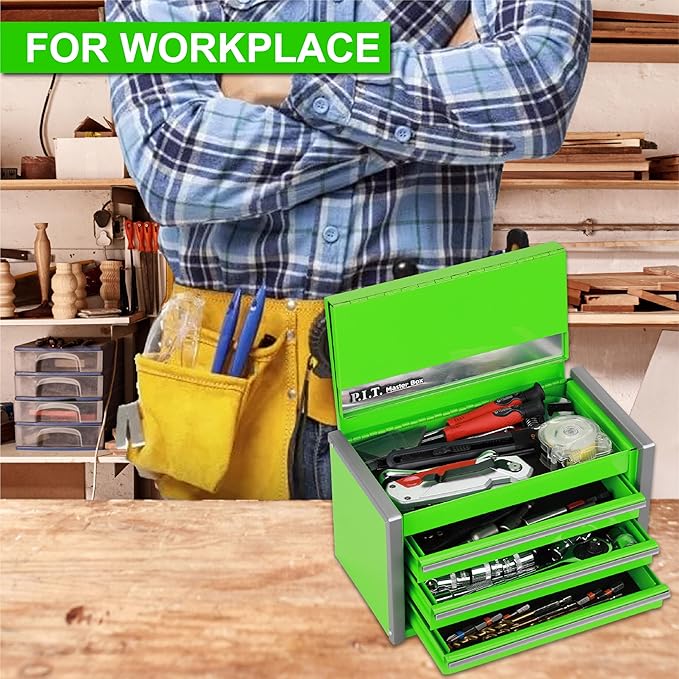 P.I.T. Mini Green Tool Box, Portable 3 Drawer Steel Stackable Tool Box with Magnetic Tab Locking, Green Micro Top Chest with Liner for Tools Storage and Organizers, Home DIY