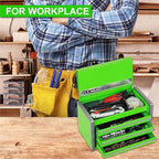 P.I.T. Mini Green Tool Box, Portable 3 Drawer Steel Stackable Tool Box with Magnetic Tab Locking, Green Micro Top Chest with Liner for Tools Storage and Organizers, Home DIY