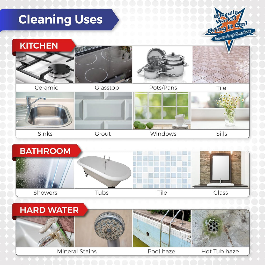 BRING IT ON! CLEANER Professional Hard Water Stain Remover & Glass Shield Sealant - Tiles, grout, Windows, Fiberglass, Chrome, Tubs, Toilets