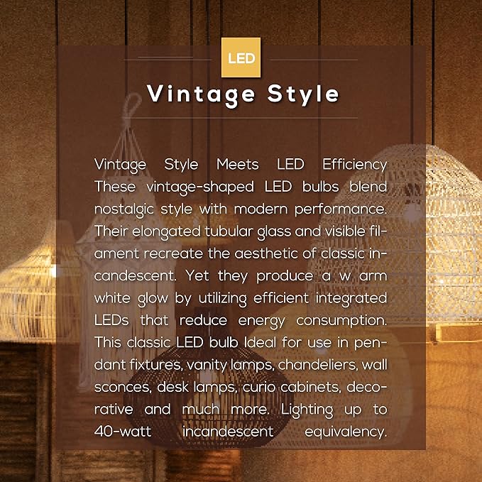 6 Pack T10 Tube Light Bulb,LED Edison Bulbs Warm White 2700K,E26 Base,4W Vintage Bulb 40 Watt Equivalent,Dimmable for Desk Lamp,Curio Cabinet,Chandeliers,Pendant Light