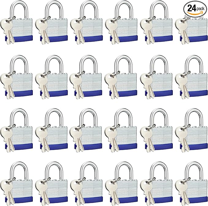 Lock Outdoor Padlocks, Laminated keyed Padlock, 1-9/16 in Wide Body, Padlock Set with Keys (24Pack)