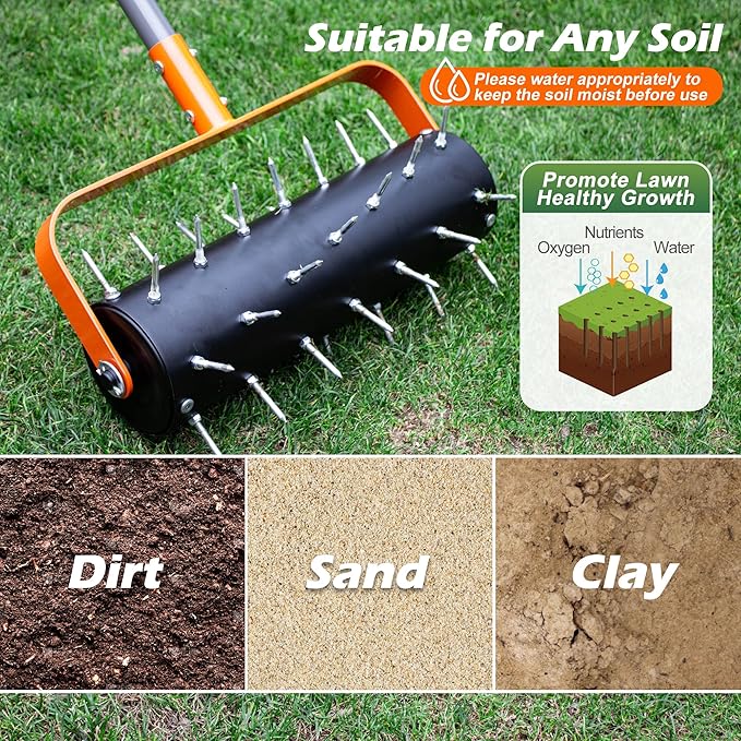 Walensee Rolling Lawn Aerator, Heavy Duty Manual Aerator Tool with 42 Spikes, Lawn Spike Aerator Roller with 71" Adjustable Handle, Soil Penetrator Push Lawn Aeration for Garden Yard Patio