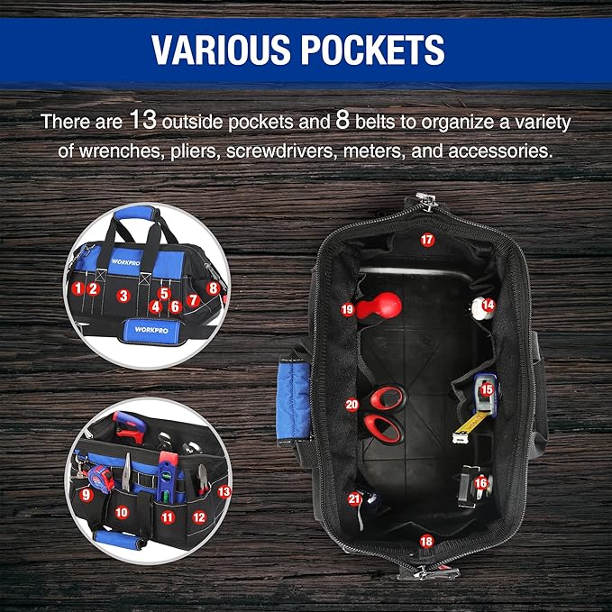 WORKPRO 16-inch Wide Mouth Tool Bag with Water Proof Molded Base