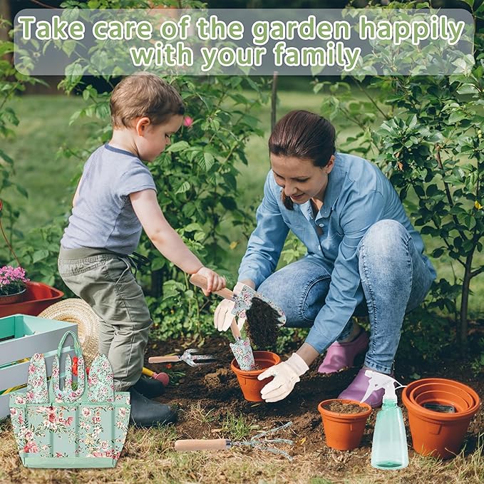 WNJ Gardening Tool Set, 10 PCS Heavy Duty Floral Pattern Garden Tools Set Kit, Complete Gardening Tool Bag Set, with Non-Slip Rubber Handle, Best Gifts for Women