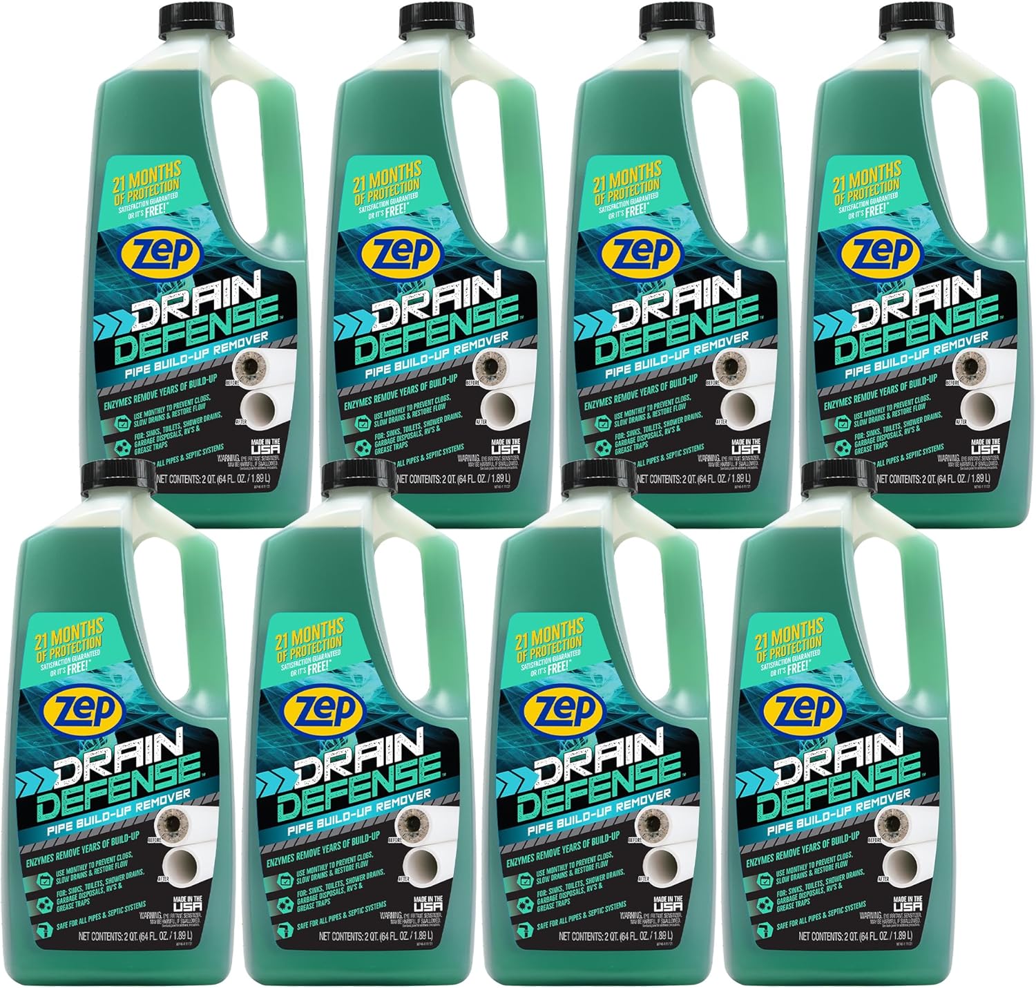 Zep Drain Defense Pipe Build-Up Remover - 64 oz (Case of 8) ZLDC64 - Professional Strength Liquid Pipe Build Up Remover