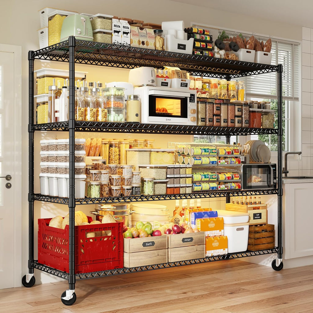 REIBII 60''W Storage Shelves 2399LBS Metal Shelving Unit with Wheels & Feet, 4 Tier Garage Shelving Heavy Duty Adjustable Wire Shelf for Pantry Kitchen Garage, 60" W x 18" D x 65.5" H, 2 Pack