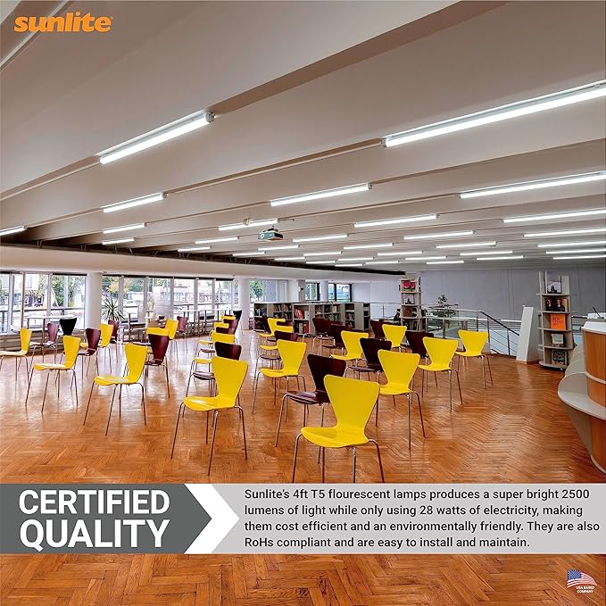 Sunlite 30340 F28T5/841 4 Foot T5 Linear Fluorescent Lamp, 28 Watts, 2500 Lumens, 4100K Cool White, Miniature G5 Bi-Pin Base, ROHS Compliant, High Performance Straight Tube, 40 Pack