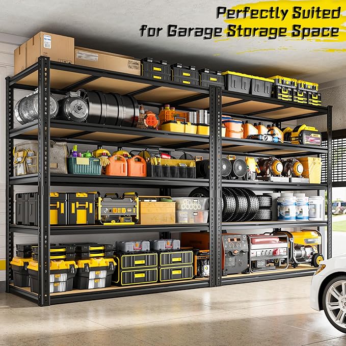 3200LBS Garage Shelving Heavy Duty 5 Tier Garage Storage Shelving, Adjustable Metal Shelving Unit Utility Rack Shelf for Warehouse, Pantry, Closet, Kitchen 72" H x 48" W x 24" D, Black,2PCS
