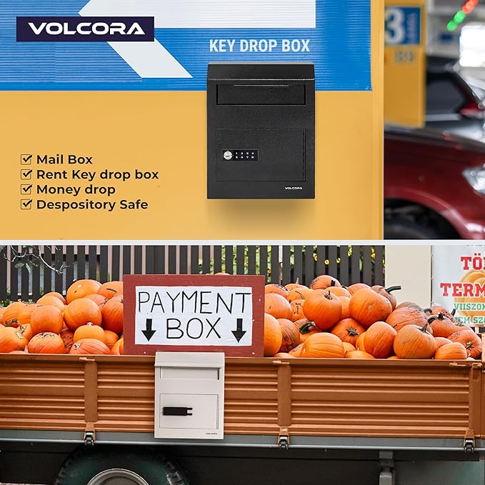 Volcora Key Drop Box with Lock, Drop Slot Depository Safe Box Digital Keypad, Outdoor Waterproof Money Drop Safe for Business, Cash Drop Box, Wall Mount Mailbox, Electronic Programmable Lock, Black