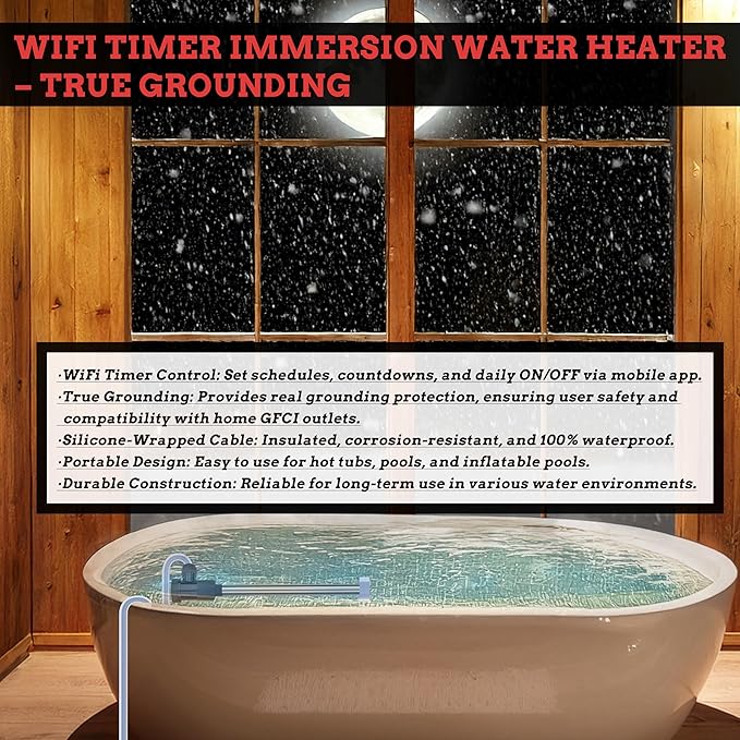 1800W Swimming Pool Immersion Water Heater with Wifi Timer & Auto Shut Off – Submersible Electric Heater for Above-Ground Pool, Hot Tub, Bucket, Baptismal Pool, Bucket, Baptistry & Bathtub