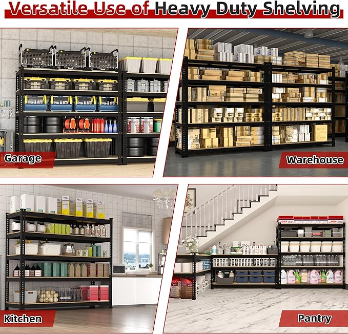 6 Packs 48" W x 24" D x 72" H Adjustable Garage Storage Shelves - 5-Shelf Heavy Duty Shelving Unit, Metal Utility Storage Organizer Racks for Warehouse Pantry Closet Kitchen, Black