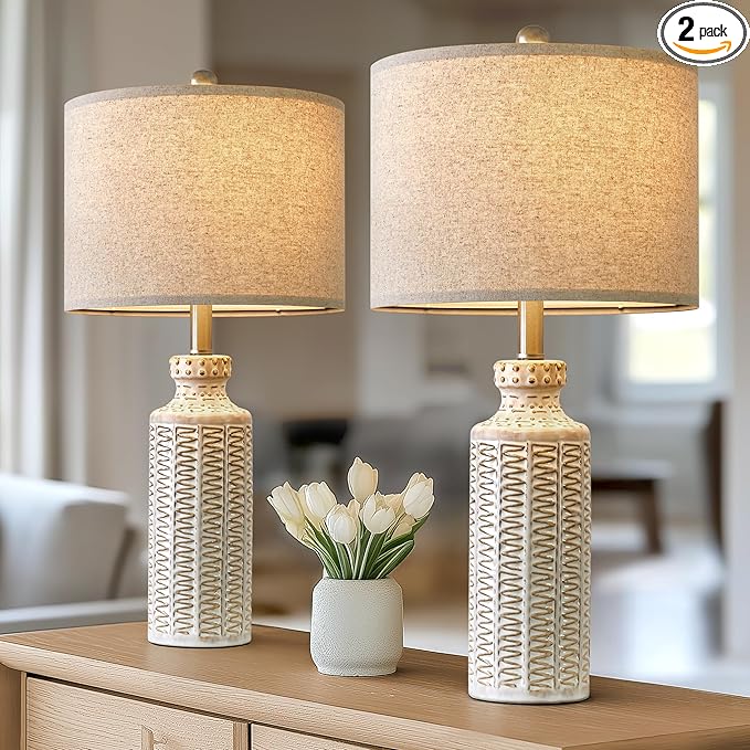 24.75'' Farmhouse Ceramic Table Lamp Set of 2 for Bedroom Living Room Vintage Traditional Rustic Modern White Nightstand Bedside Lamps