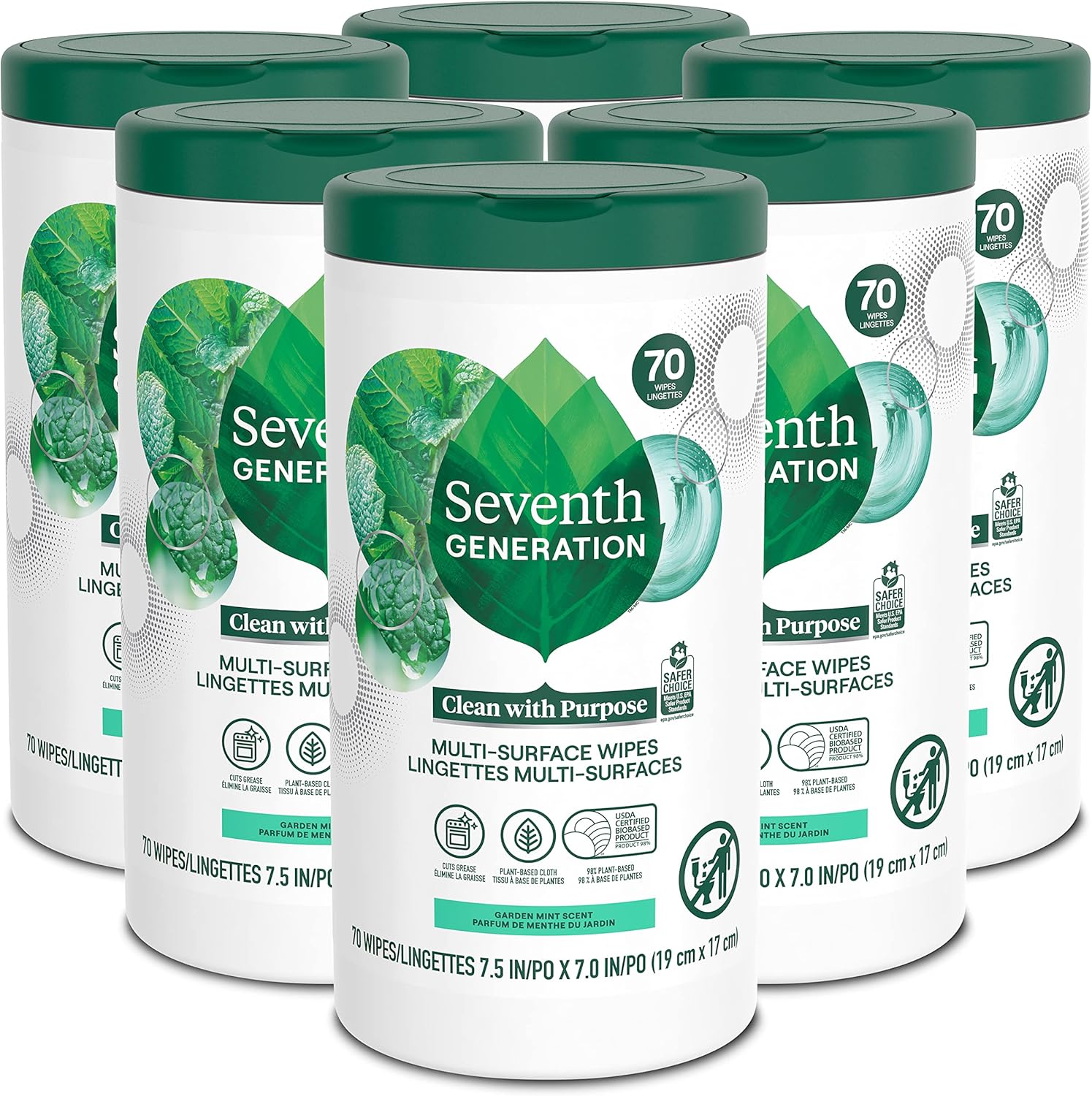 Seventh Generation Multi-Surface Wipes, Garden Mint scent, 70 ct, Pack of 6