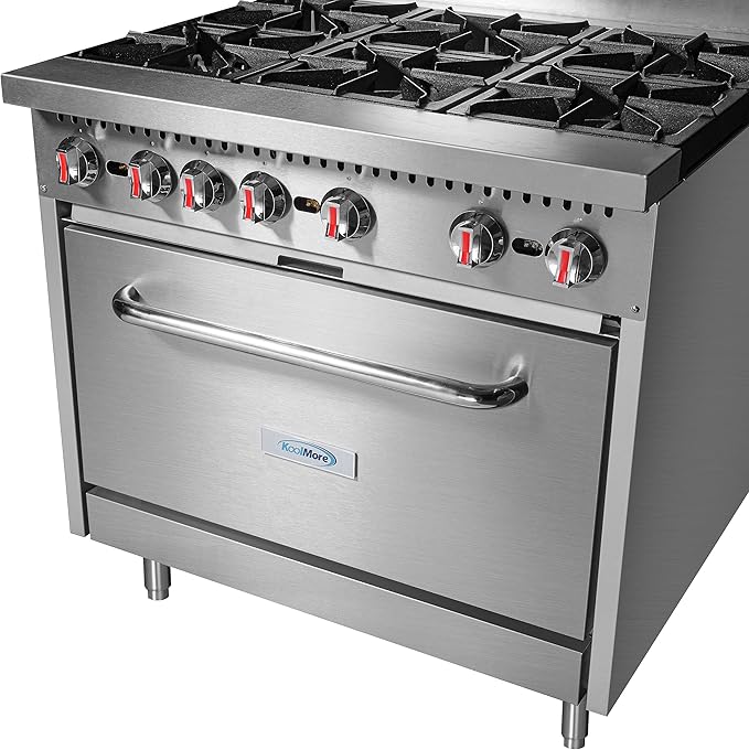 KoolMore KM-CR36-NG 36 in. 6 Burner Commercial Natural Gas Range with Oven, Solid Black