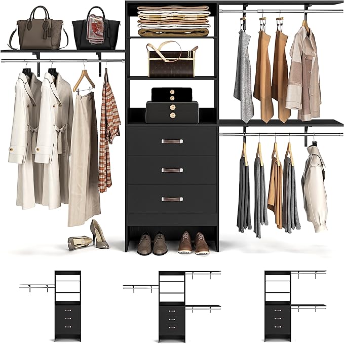 Armocity 96 Inches Closet System, 8FT Walk In Closet Organizer with 3 Shelving Towers, Heavy Duty Clothes Rack with 3 Drawers, Built-In Garment Rack, 96" L x 16" W x 75" H, Max Load 1000 LBS, Black