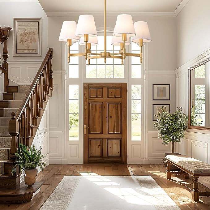 27'' Gold Chandelier Chandelier for Dining Room with White Fabric Shades, 6-Light Modern Farmhouse Chandelier Adjustable Brass Pendant Light Fixture for Living Room Kitchen Entryway Foyer