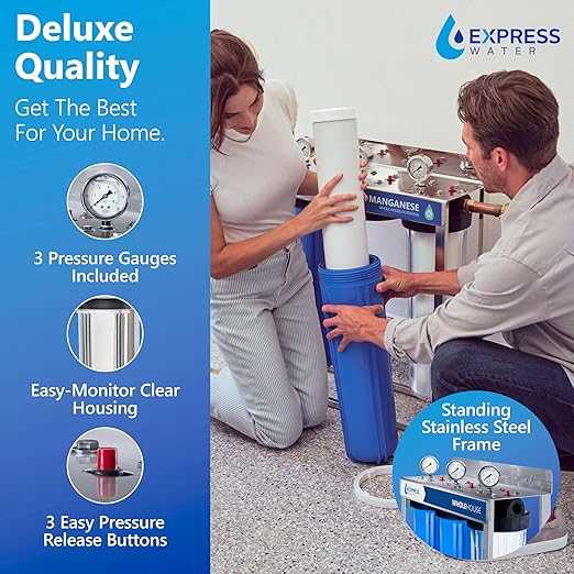 Express Water Whole House Water Filter System | IRON & MANGANESE | 3 Stage Full Home Filtration, Top-Tier Filters Removes Stains/Color on Glass-Ware, Fixtures, Laundry, Signf. Reduces Lead & Arsenic