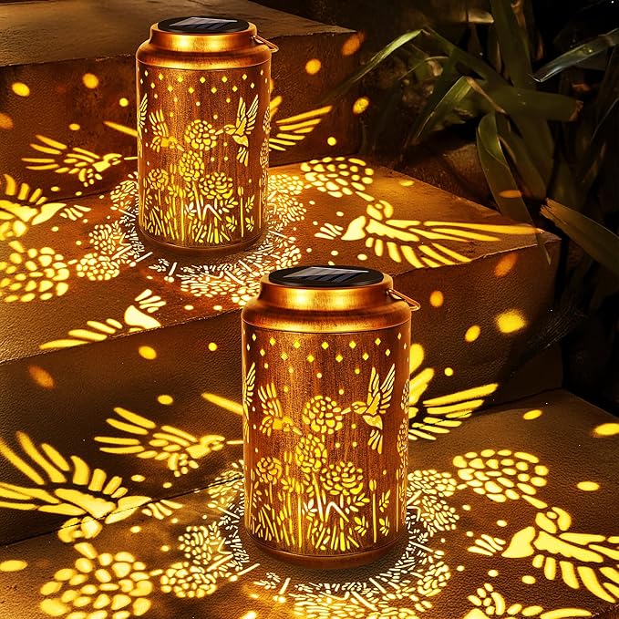 Brizled Hummingbird Solar Lantern Lights, 2 Pack LED Hollow Out Hanging Lantern Lights Outdoor, Warm White Solar Garden Light Decorative Retro Metal Outdoor Lighting for Garden Patio Courtyard Path