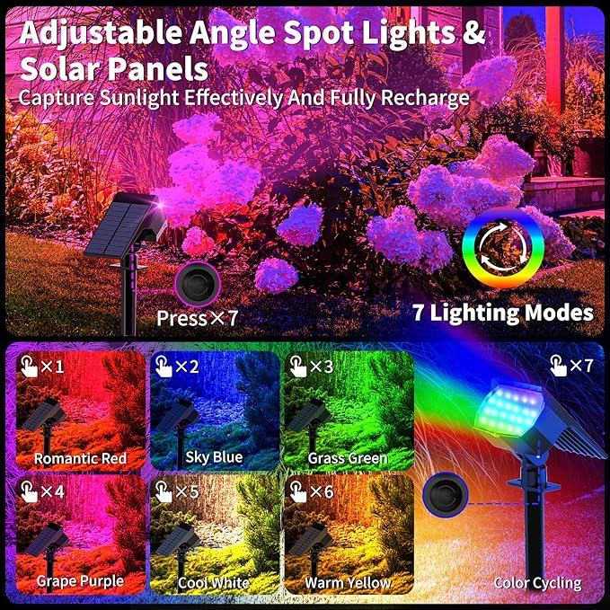 Solar Spot Lights Outdoor Color Changing, [7 Mode/2 Pack] Christmas Landscape Spotlights, Solar Lights Outdoor Waterproof, Solar Led Powered Flood Light for Outside Pathway Yard Garden Walkway