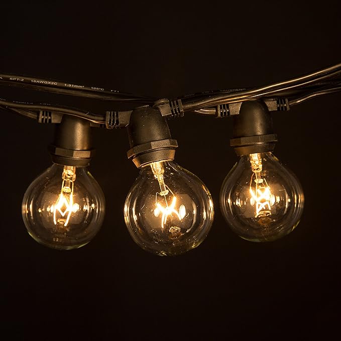 Hometown Evolution, Inc. 25 Foot C9 Commercial Exterior Globe String Lights with 20 G50 2 Inch Clear Bulbs (Black Wire) for Weatherproof Heavy Duty Vintage Outside Lighting