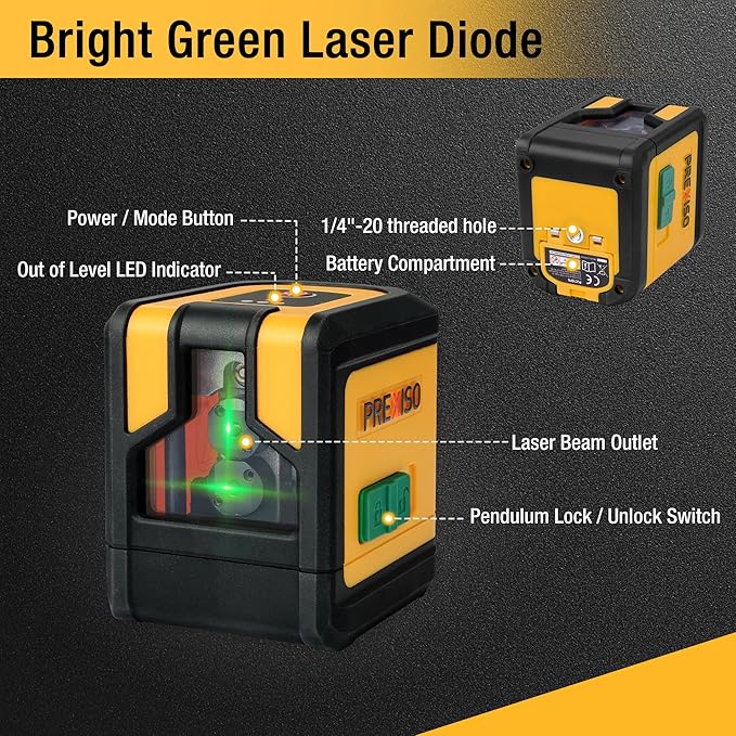 PREXISO Laser Level with Tripod, 100Ft Dual Modules Self Leveling Cross Line Laser Level, Green Line leveler Tool for Floor Tile, Home Renovation, Construction with 31-1/2in Tripod, 2 AA Batteries