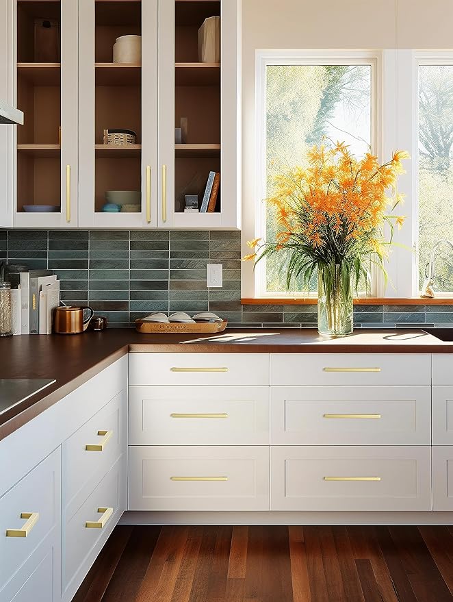 Gold Handles for Kitchen Cabinets 10 Pack, 12-3/5 Inch Hole Center Stainless Steel Square Cabinet Pulls Brushed Gold Cabinet Handles Drawer Handles Dresser Hardware