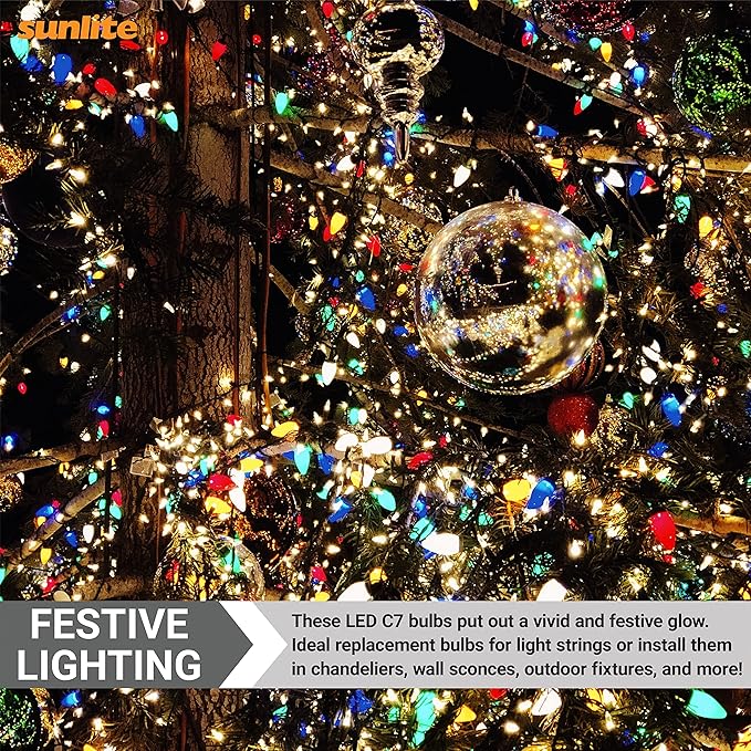 Sunlite 41289 LED C7 Holiday Decorative Light Bulb, 0.4 Watts, E12 Candelabra Base, Faceted Christmas-Lights; Nightlight, Green and Red Combo 24 Count