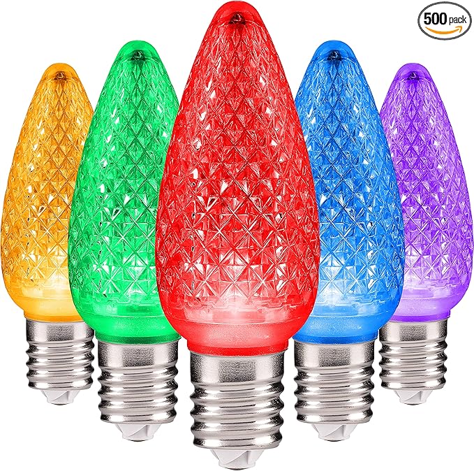 HLO Lighting Set of 500 C9 LED Christmas Lights | Multi-Colored (R, G, B, Y, P) C9 LED Light | Faceted Bulbs for Indoor & Outdoor Use | Christmas Outdoor Décoration