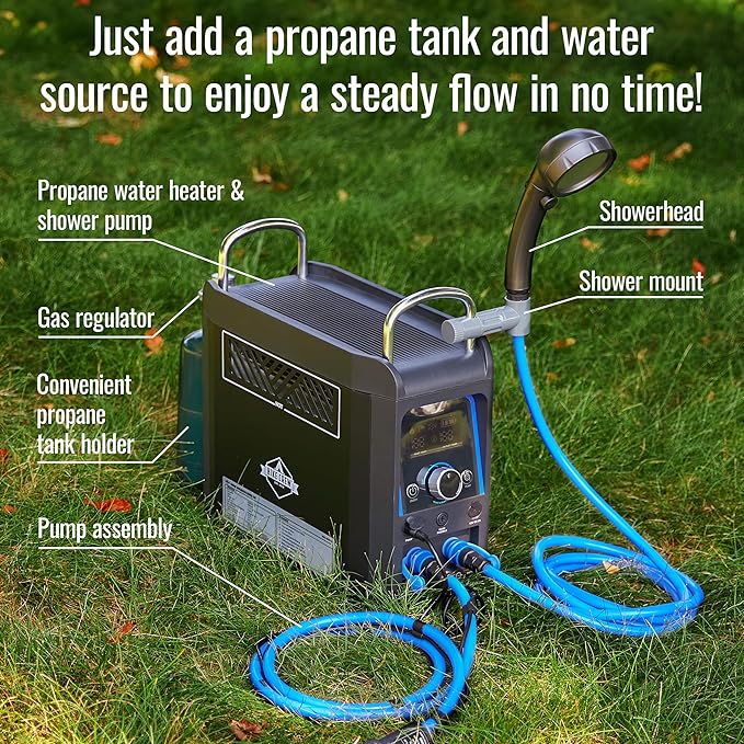 Hike Crew Propane Water Heater & Shower Pump | Rechargeable Portable Outdoor Water System w/Shower Head Attachment for Instant Hot Water While Camping, Hiking, Glamping & Vacationing