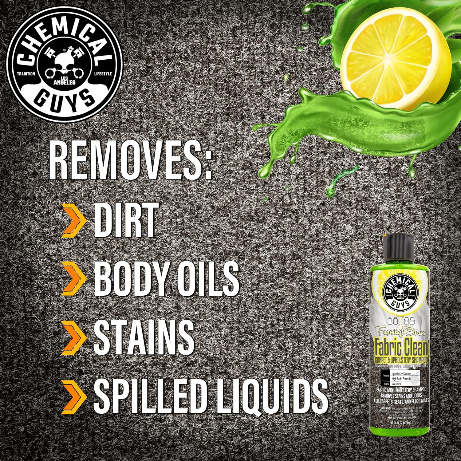 Chemical Guys Foaming Citrus Fabric Clean Carpet and Upholstery Cleaner - For Car Carpets, Seats, and Floor Mats, Safe for Cars, Home, Office, and More, Citrus Scent - 16 oz