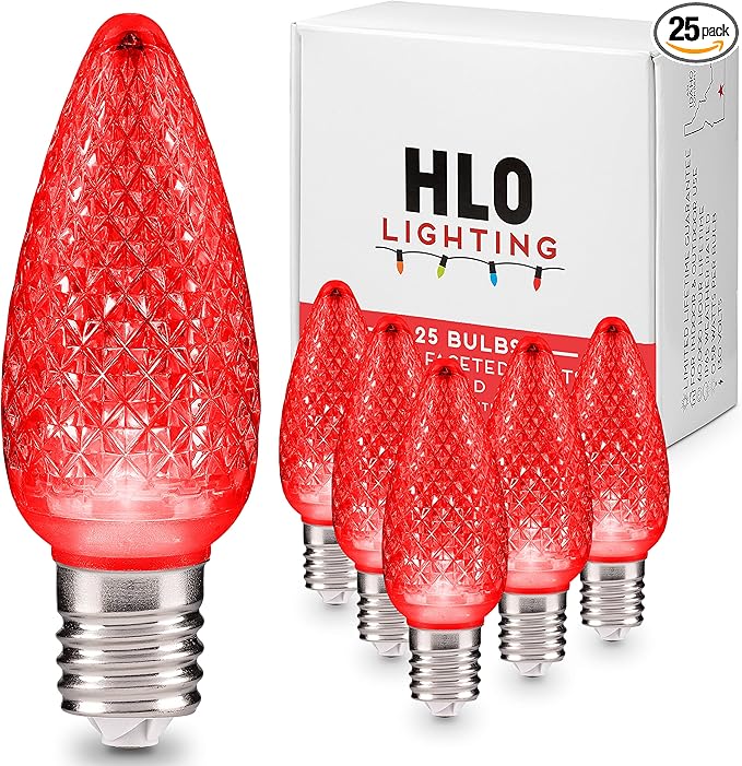 HLO Lighting Set of 25 Red C9 Faceted LED Christmas Light Bulbs for Indoor & Outdoor Use | Durable Replacement Bulb