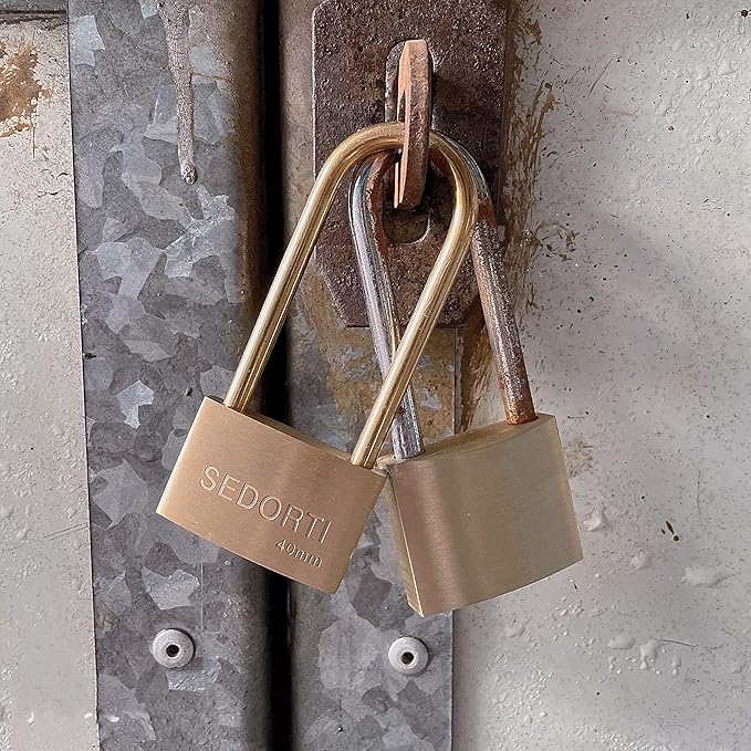 Weather Proof Lock, Keyed Alike Solid Brass Padlocks with Long Brass Shackle, Light Duty, 1-1/2" Wide Body, Marine Padlock, Anti Rust Lock, 6 Pack