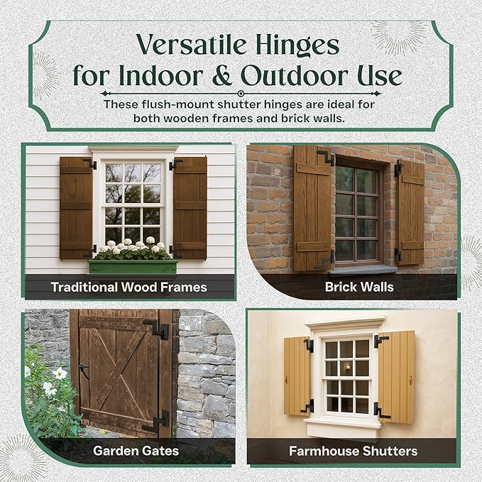 Renovators Supply Manufacturing - Heavy-Duty Black Wrought Iron Shutter Lift Off Pintle Hinges Colonial Pin Reversible for Doors, Window and Shutters with Hardware 6 1/2 Inches, Pack of 2 Pairs