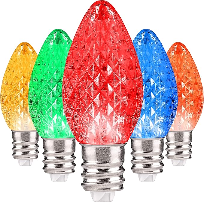 Holiday Lighting Outlet Faceted C7 Christmas Lights | Multi-Colored (R,G,B,Y,O) LED Light Bulbs Holiday Decoration | Christmas Décor for Indoor & Outdoors | 2 SMD LEDs in Each Light Bulb | Set of 500