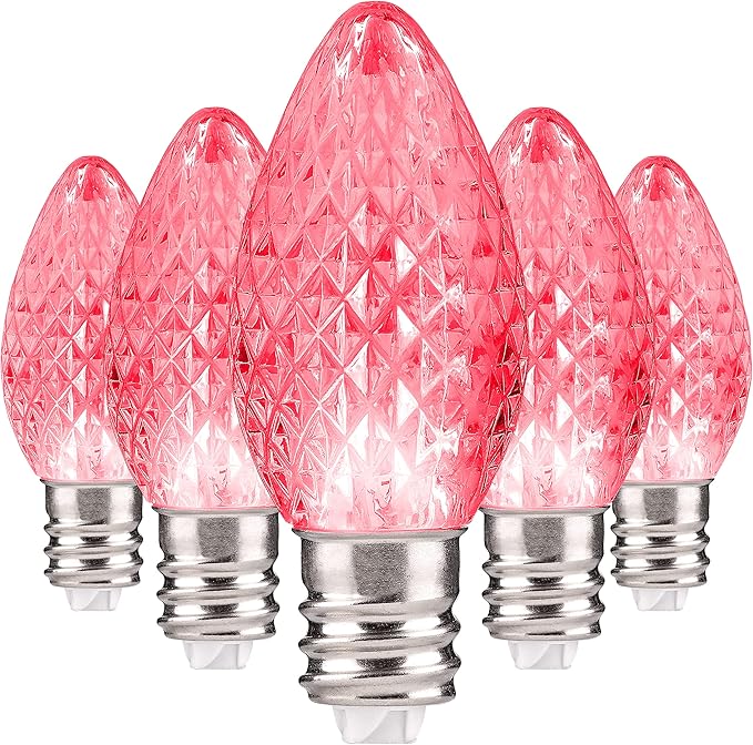 Holiday Lighting Outlet Faceted C7 Christmas Lights | Pink LED Light Bulbs Holiday Decoration | Warm Christmas Decor for Indoor & Outdoor Use | 2 SMD LEDs in Each Light Bulb | Set of 25