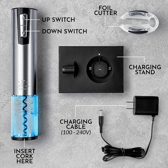 Zulay Kitchen Electric Wine Opener With Charging Base - 3-In-1 Automatic Wine Bottle Opener & Foil Cutter - Rechargeable Wine Opener Electric For Smooth & Fast Uncorking